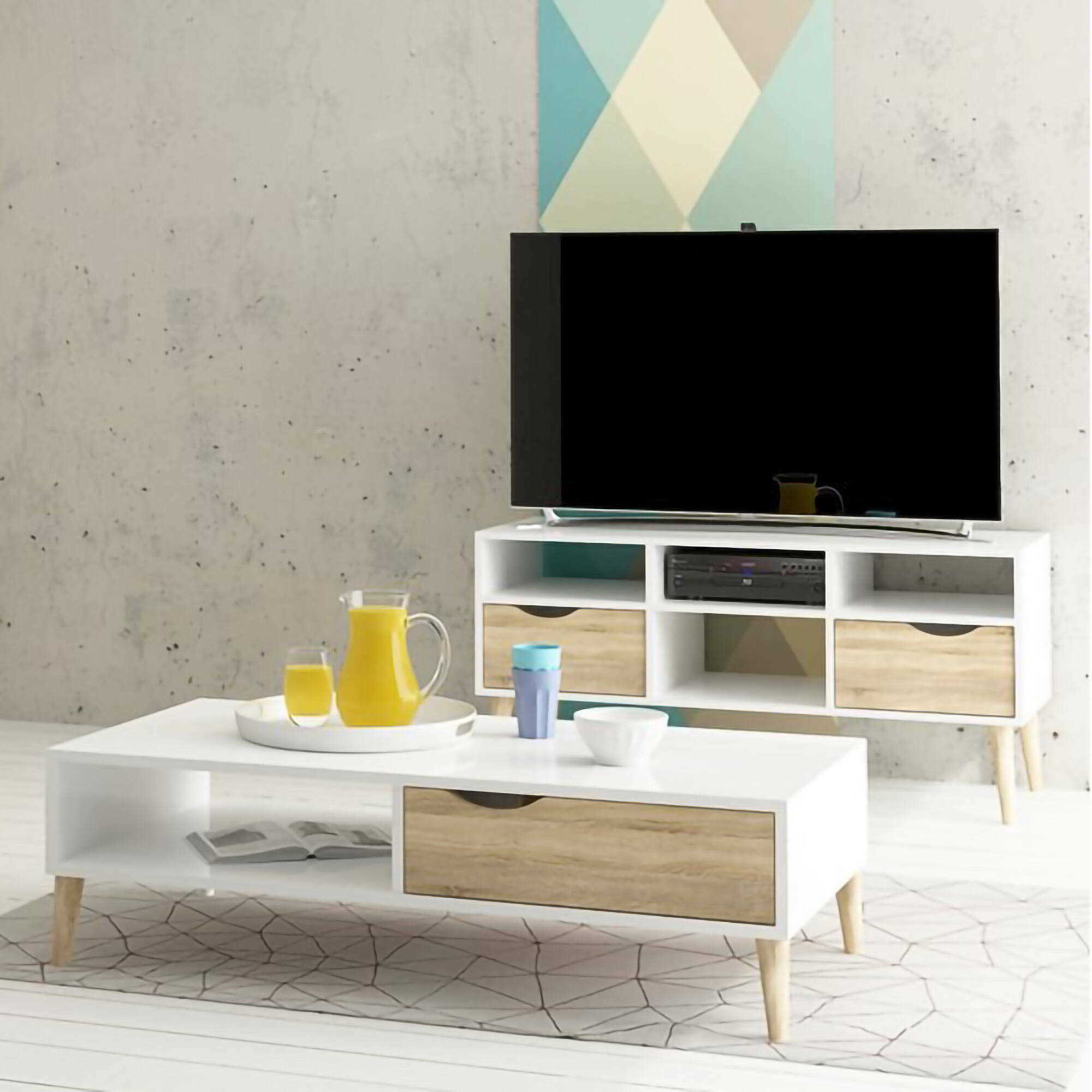 Mobile porta TV a due cassetti, colore bianco e rovere, cm 117 x 57 x 39