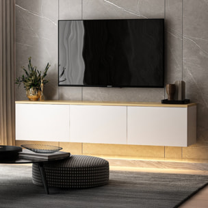 HAMPTON Meuble TV LED suspendu avec placards blanc et plateau bois 160cm