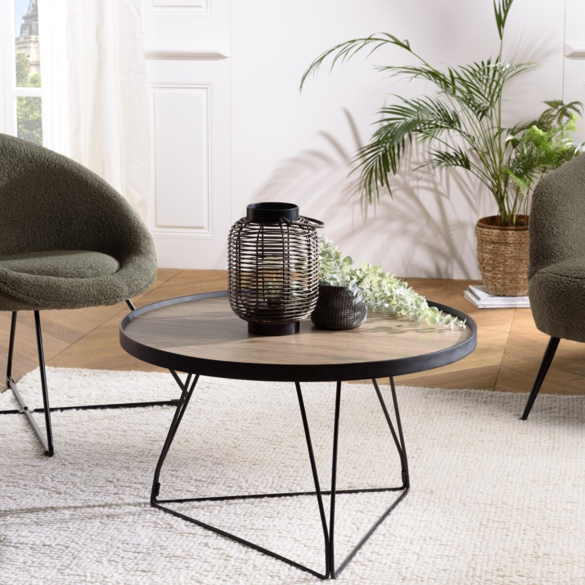 JULIA - Table basse ronde 70x70cm mocha pieds épingles métal noir