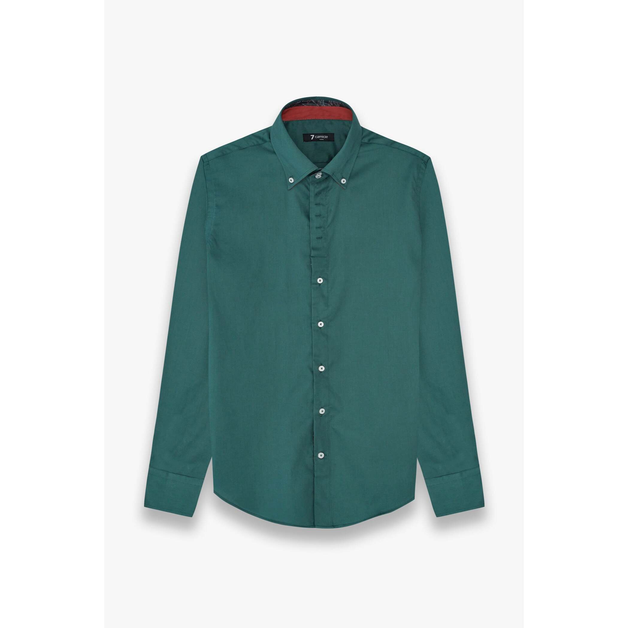 Camicia Uomo 2 Bottoni Button Down Slim Satin Unito Verde Scuro