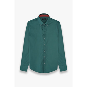 Camicia Uomo 2 Bottoni Button Down Slim Satin Unito Verde Scuro