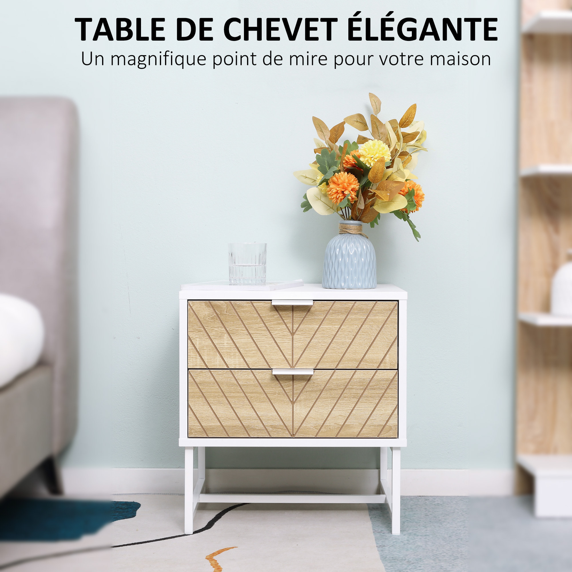 Chevet table de nuit style graphique - 2 tiroirs façades chevrons - acier blanc aspect bois clair