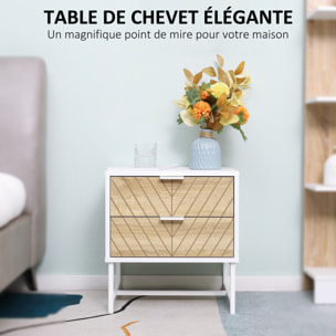 Chevet table de nuit style graphique - 2 tiroirs façades chevrons - acier blanc aspect bois clair