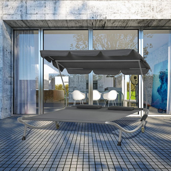 Bain de soleil 2 places lit de jardin design contemporain toit réglable 2 roulettes 2 oreillers acier époxy polyester gris
