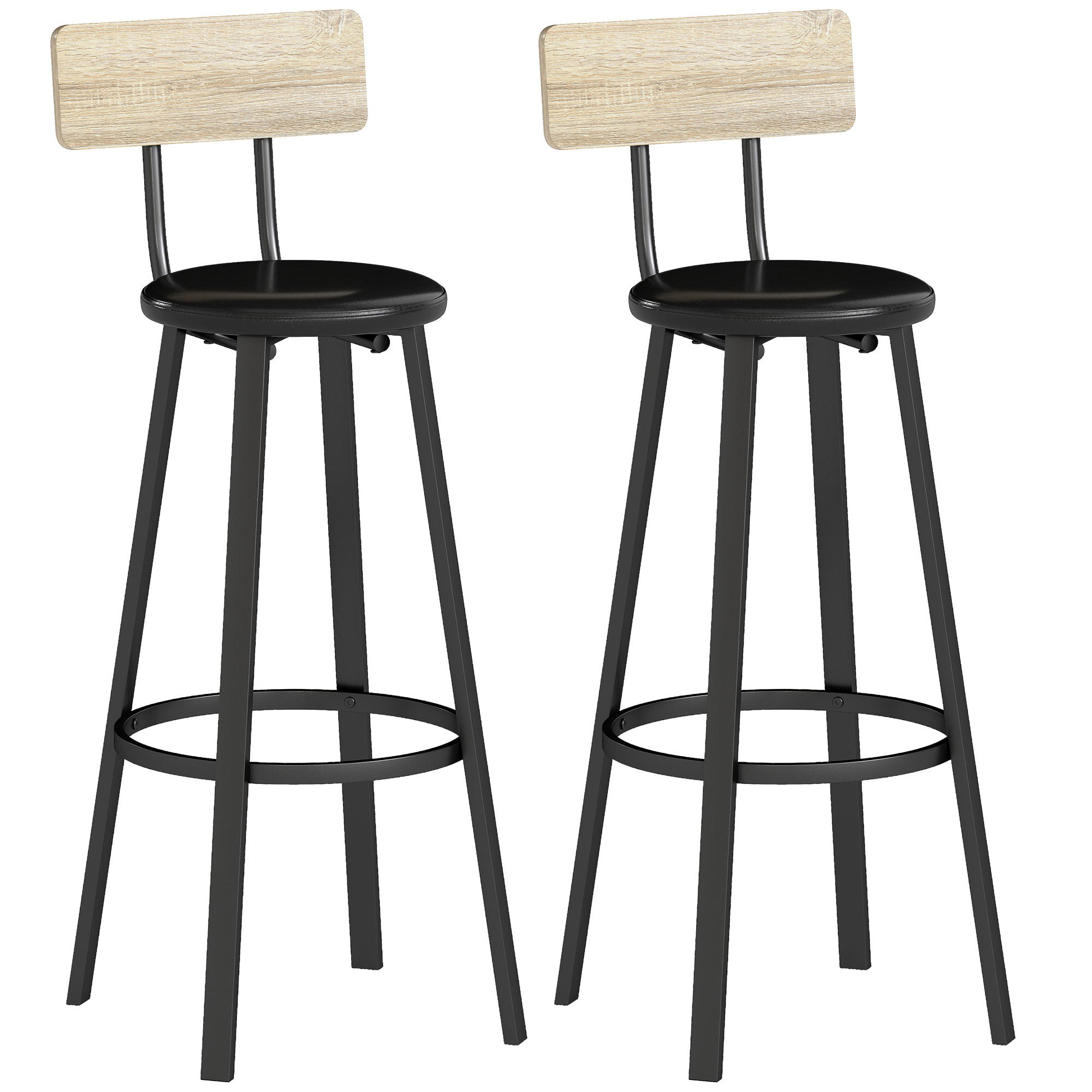 Juego de 2 Taburetes de Bar, Taburetes Altos de Cocina con Respaldo y Reposapiés, Tapizados de PU, Asiento de 75,5 cm de Altura, Fácil Montaje, Estilo Industrial, Natural y Negro