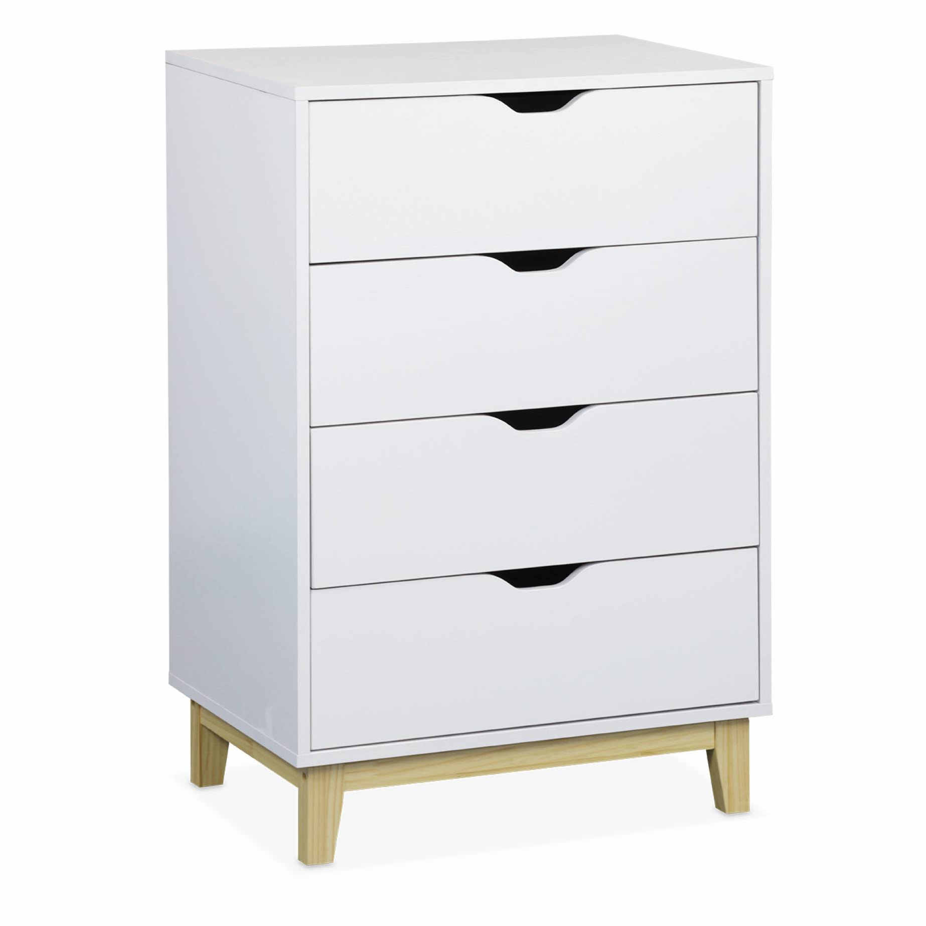 Commode blanche scandinave - Floki - chiffonnier avec pieds en bois de sapin. 4 tiroirs. 60x40x90cm