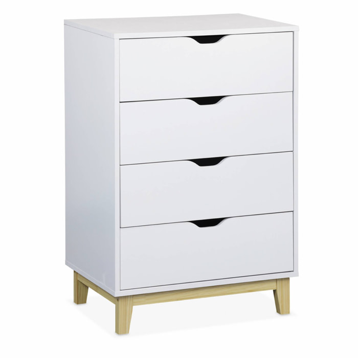 Commode blanche scandinave - Floki - chiffonnier avec pieds en bois de sapin. 4 tiroirs. 60x40x90cm