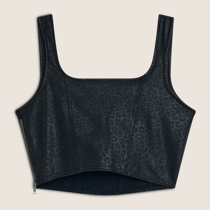 Top corto a bustier in similpelle stampa animalier lucida