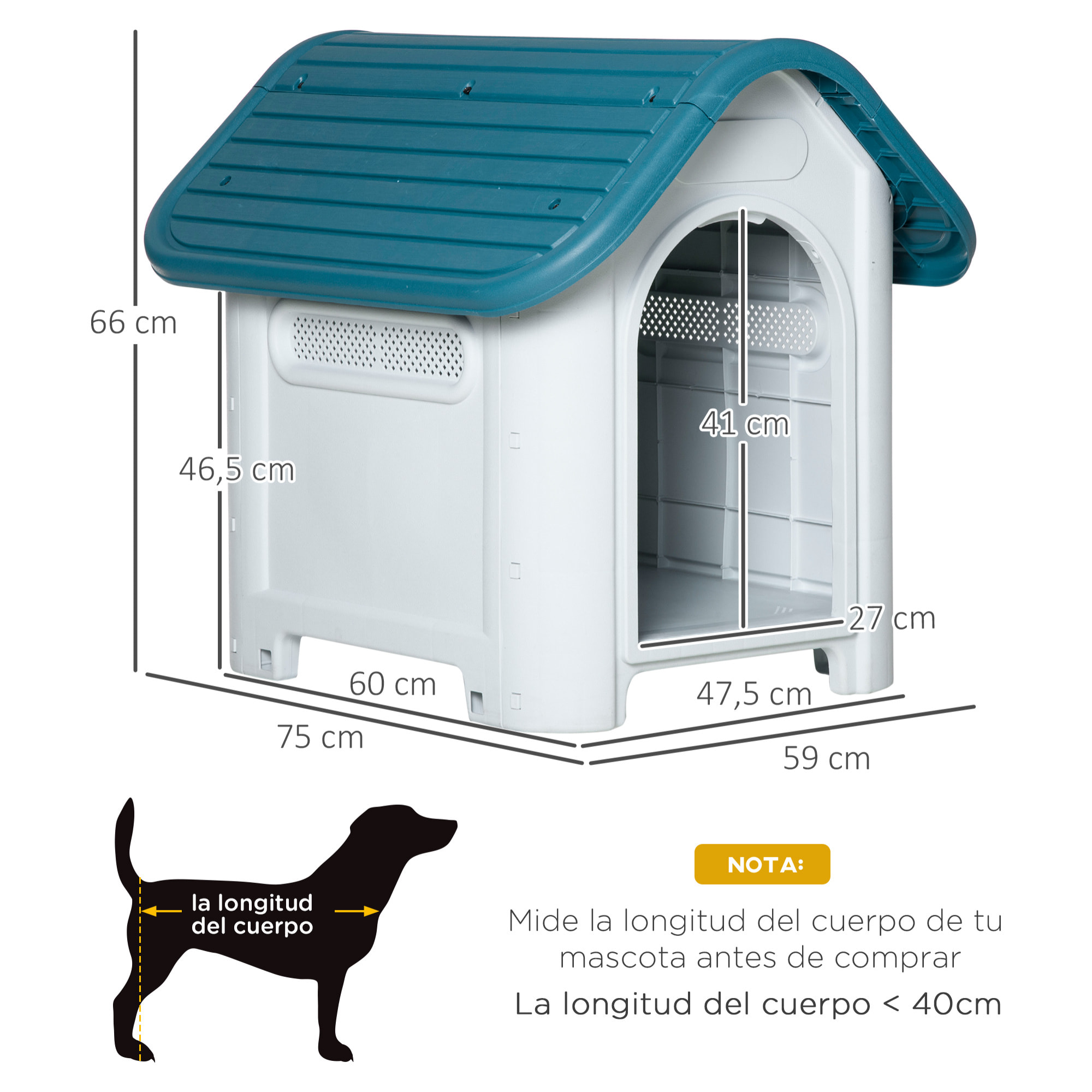 Caseta para Perros Mini para Uso Interior y Exterior con respiraderos Estilo Cabaña Resistente 59x75x66 cm Azul y Gris