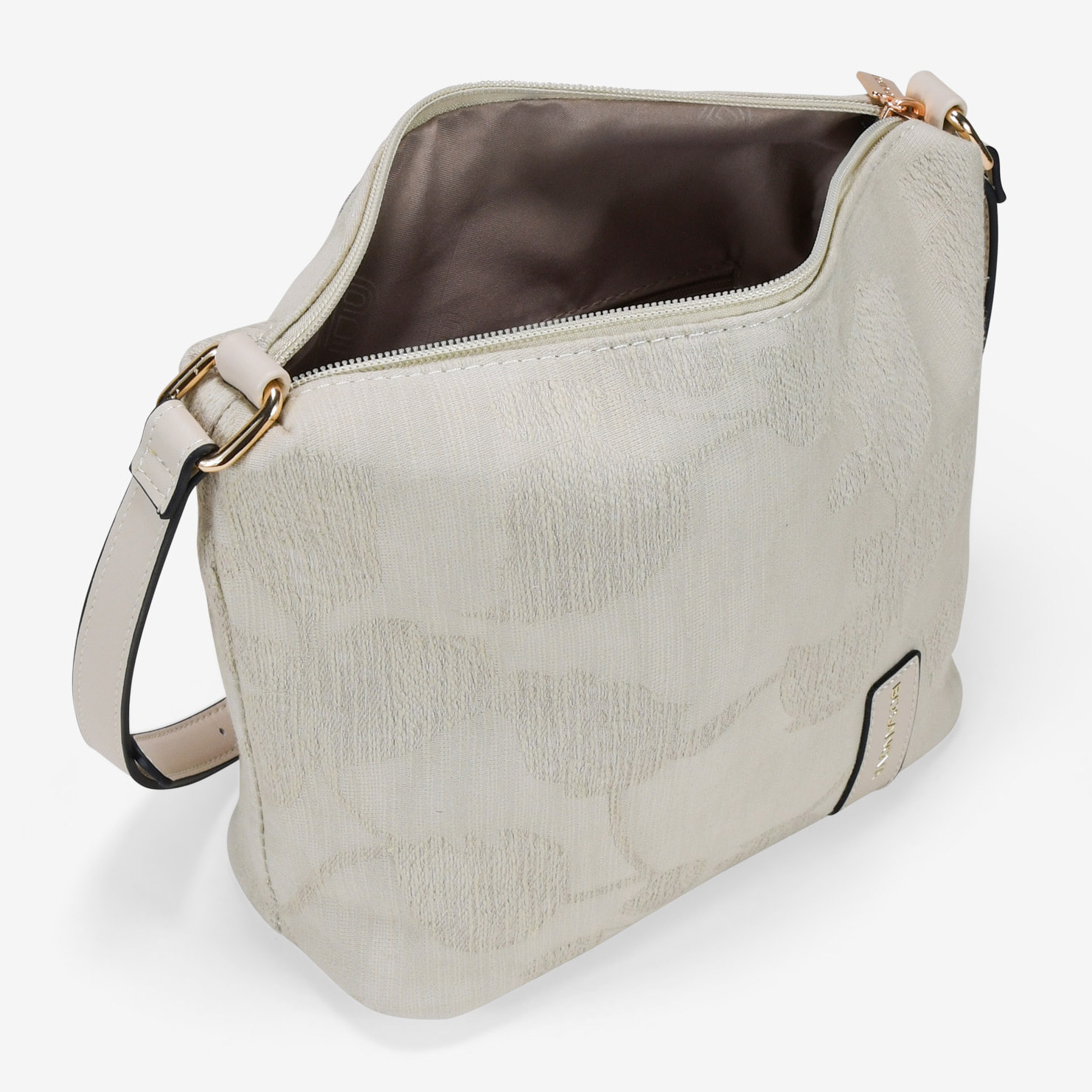 Bolso bandolera beige con flores y tachas