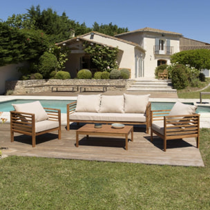 VICK - SALON DE JARDIN EN BOIS ACACIA 5 pers. - 1 Canapé 3 places, 2 fauteuils et 1 table basse rectangulaire 100 x 60 cm
