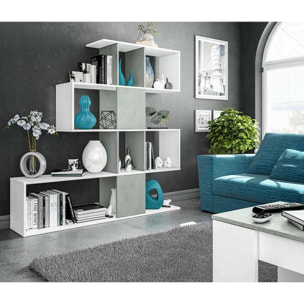 Libreria Aracnidi, Mobile portalibri con 7 scomparti, Scaffale moderno da ufficio, Mobile da parete con ripiani, 145x29h145 cm, Bianco e Cemento