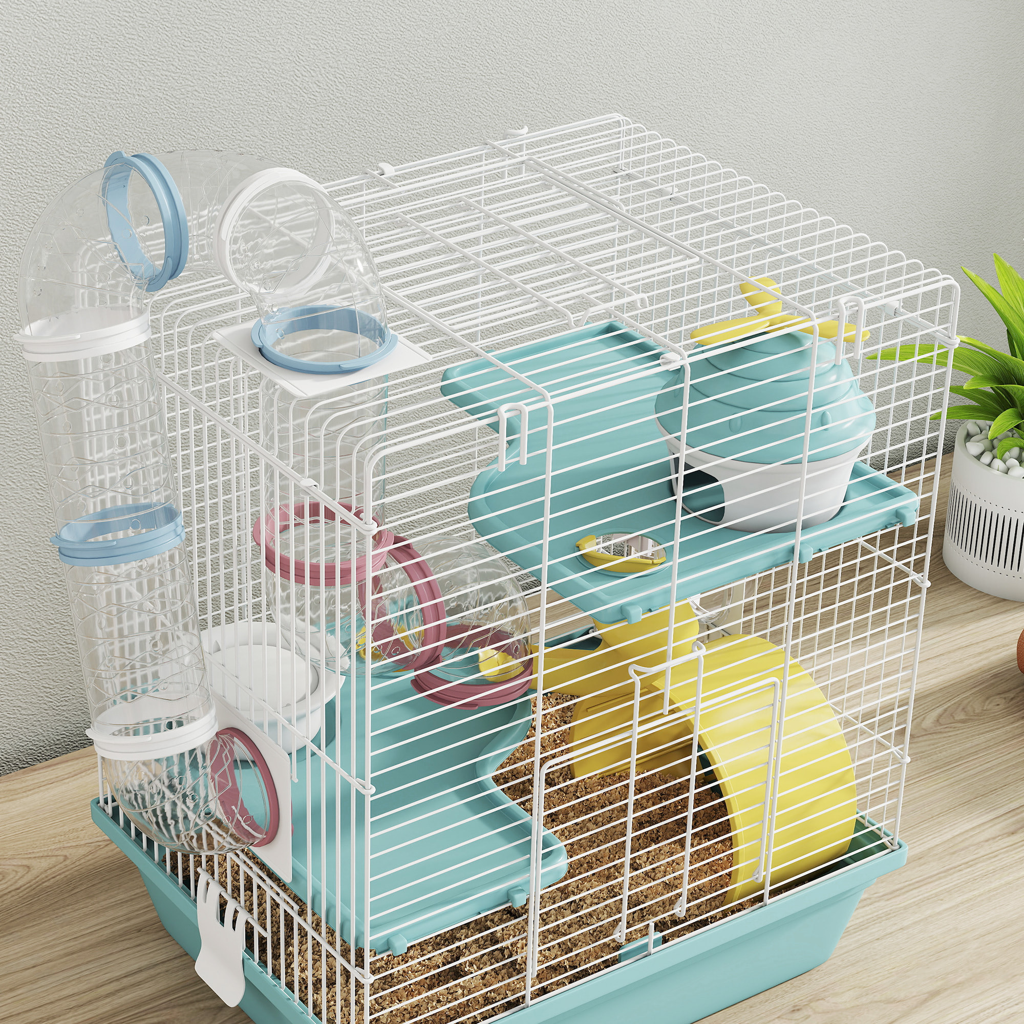 Cage rongeur hamster 3 niveaux cabane roue tunnel toboggan biberon mangeoire 34 x 27 x 41 cm blanc bleu
