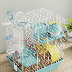 Cage rongeur hamster 3 niveaux cabane roue tunnel toboggan biberon mangeoire 34 x 27 x 41 cm blanc bleu