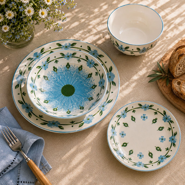 Lot de 6 assiettes plates 27cm en porcelaine blanc et bleu floral PRIMAVERA