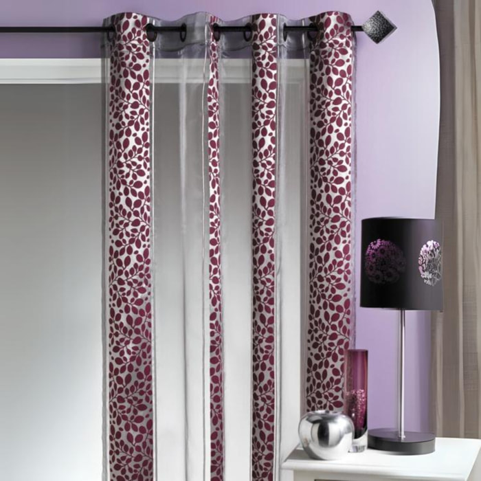 Voilage Organza jacquard motif feuillage - Prune