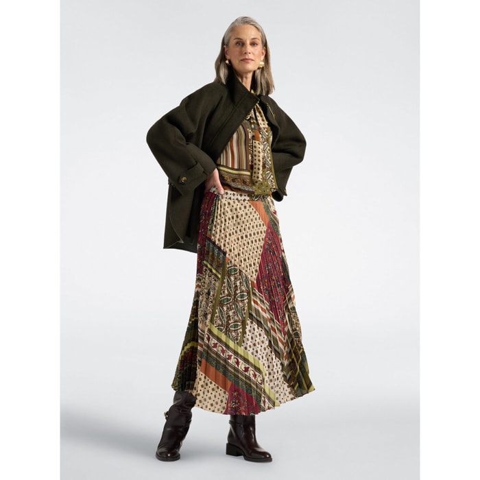 Elena Mirò - Gonna plissé lunga stampa patchwork - Verde militare