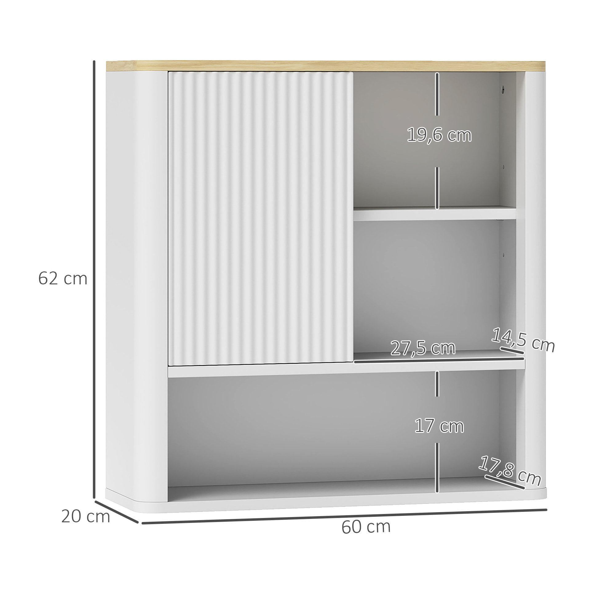 Armario de Baño de Pared Mueble de Baño Colgar con Estantes Ajustables Puerta Corredera Compartimentos y Diseño con Perfil Curvo 60x20x62 cm Blanco
