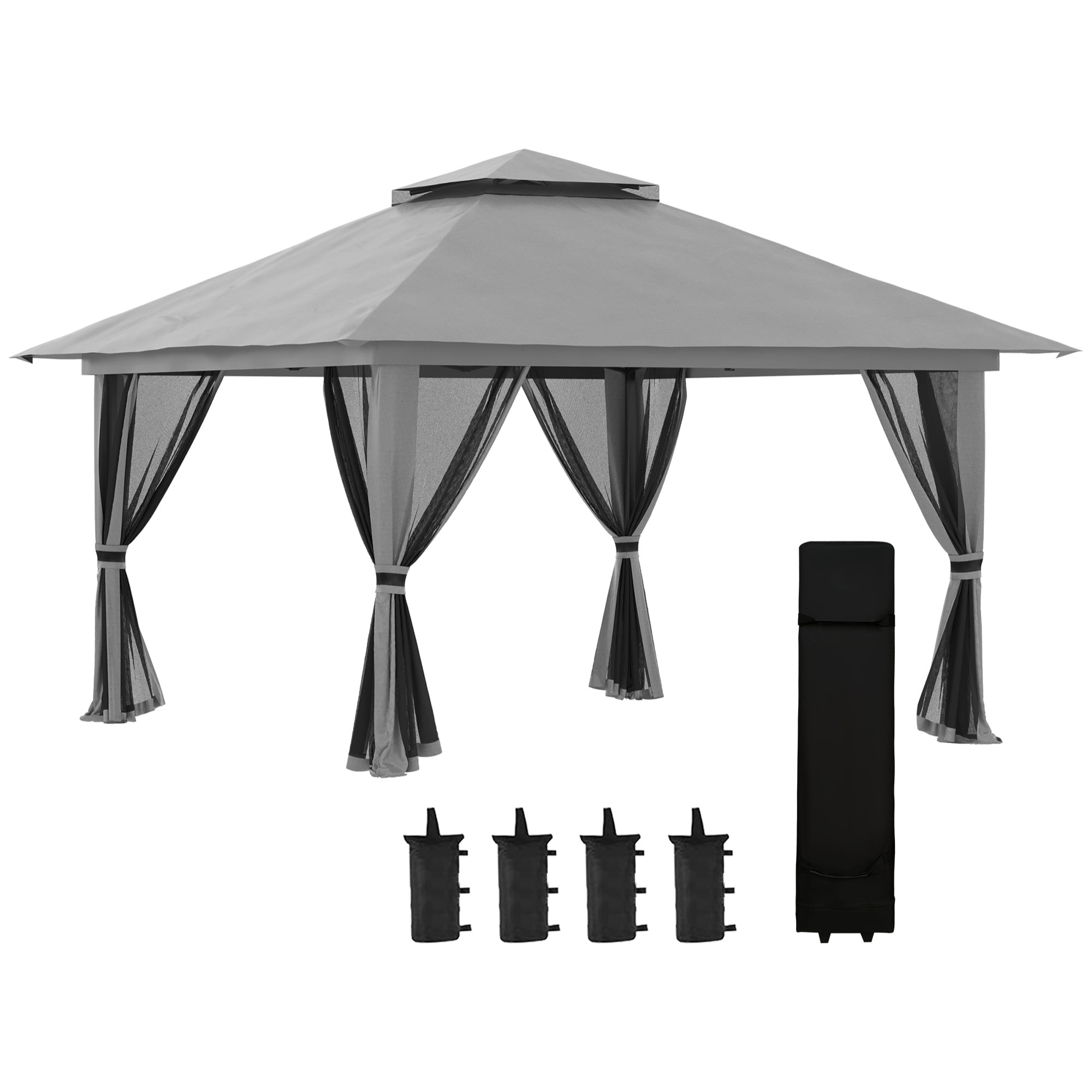 Carpa Plegable Pop-up 4x4x2,8 m Cenador de Jardín con Paredes Altura Ajustable Anti-UV Impermeable Doble Techo Mosquiteras y Bolsa de Ruedas Gazebo para Exterior Fiestas Camping Gris Oscuro