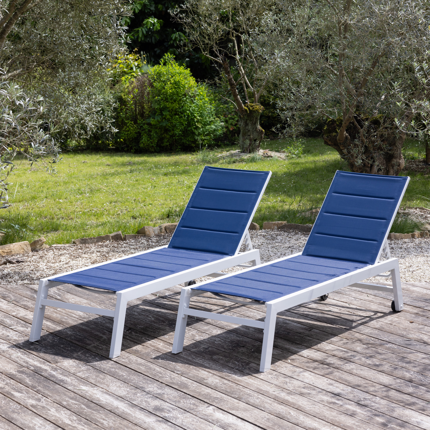 Lot de 2 bains de soleil BARBADOS en textilène bleu - aluminium blanc