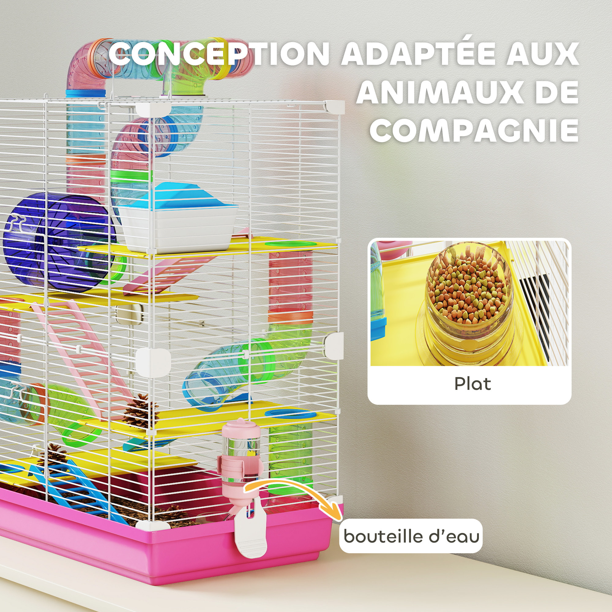 Cage pour hamster souris rongeur 4 étages avec tunnels mangeoire roue maison échelles dim. 46L x 30l x 58H cm rose