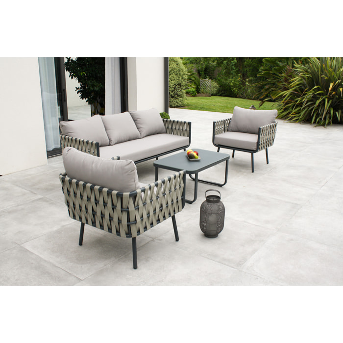 ANTIBES - Salon de jardin 5 places avec lanières de tissu tressées