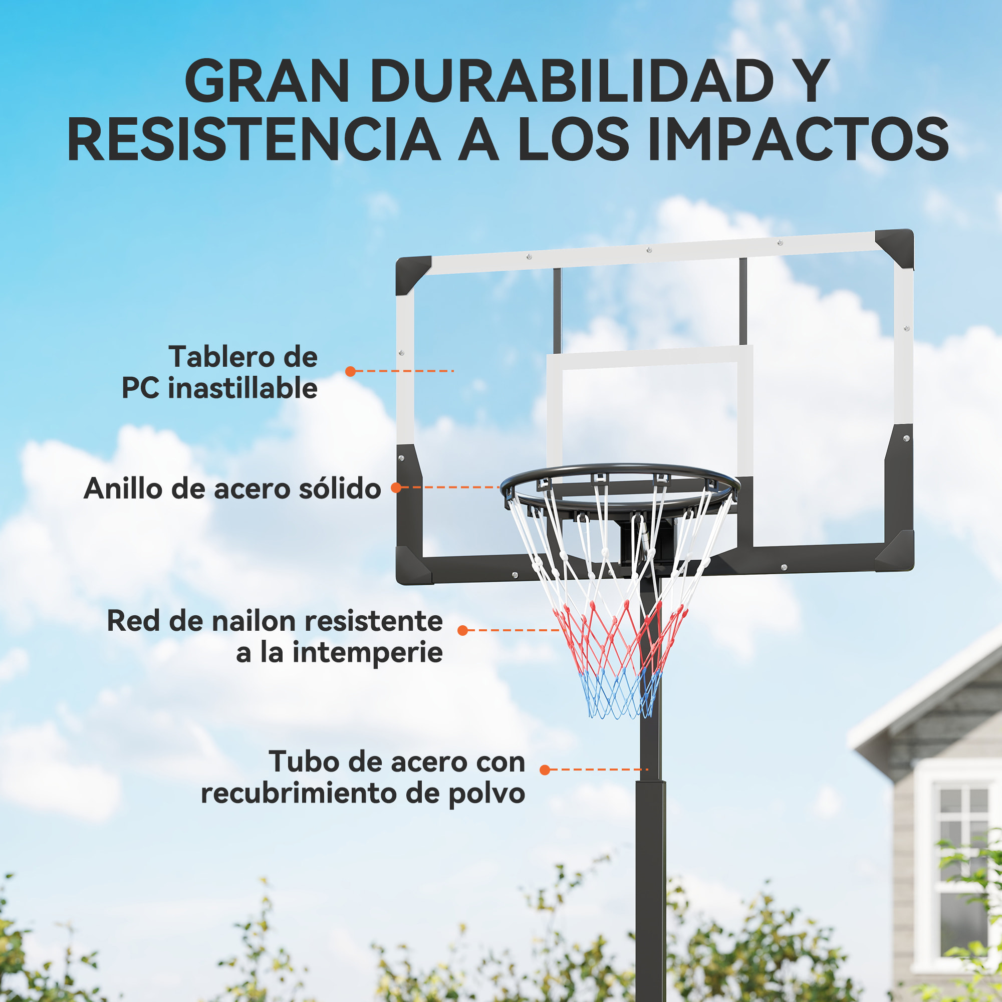 Canasta de Baloncesto para Exterior, Altura Ajustable 230-305 cm, Canasta de Baloncesto Portátil con Marco Plegable, Tablero Irrompible, Ruedas y Base Rellenable, para Adolescentes y Adultos