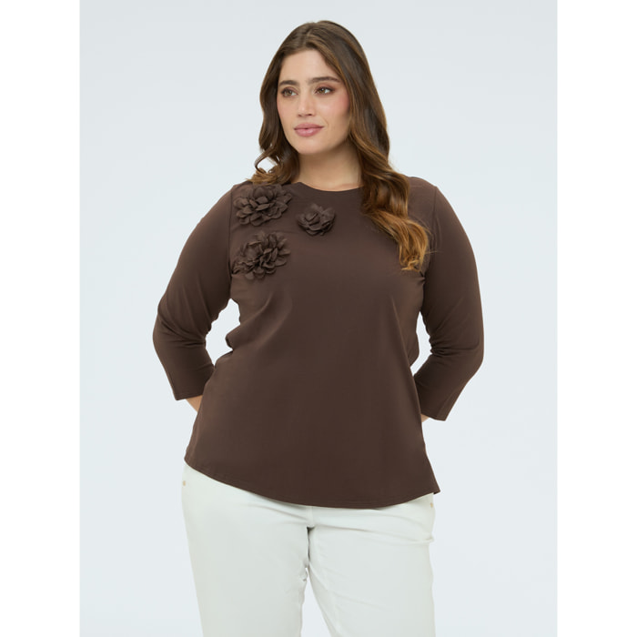 Fiorella Rubino - T-shirt in jersey con applicazioni floreali - Marrone