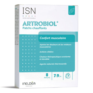 ISN - Artrobiol Patchs Chauffants - Aide à soulager les douleurs et tensions musculaires - Agents thermoactifs - Action chauffante 8h - Dispositif Médical - Etui 8 patchs