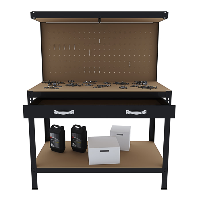Banco Tavolo Da Lavoro 3 Livelli 120 x 60 Cm Max 370 Kg Cassetto Parete Pannello Forato Porta Attrezzi Utensili Garage Officina Cantina Magazzino Nero