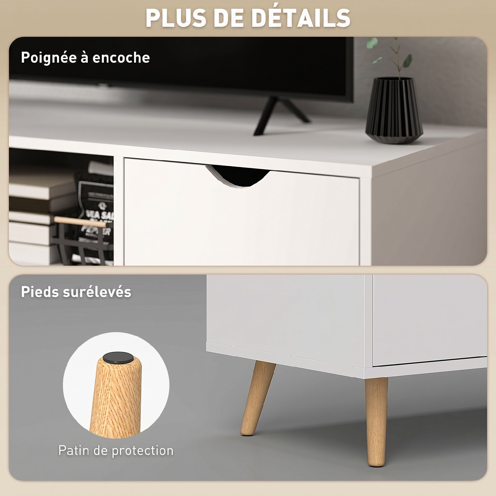 Meuble TV banc TV style scandinave 2 portes tiroir niche piètement bois de pin panneaux blanc