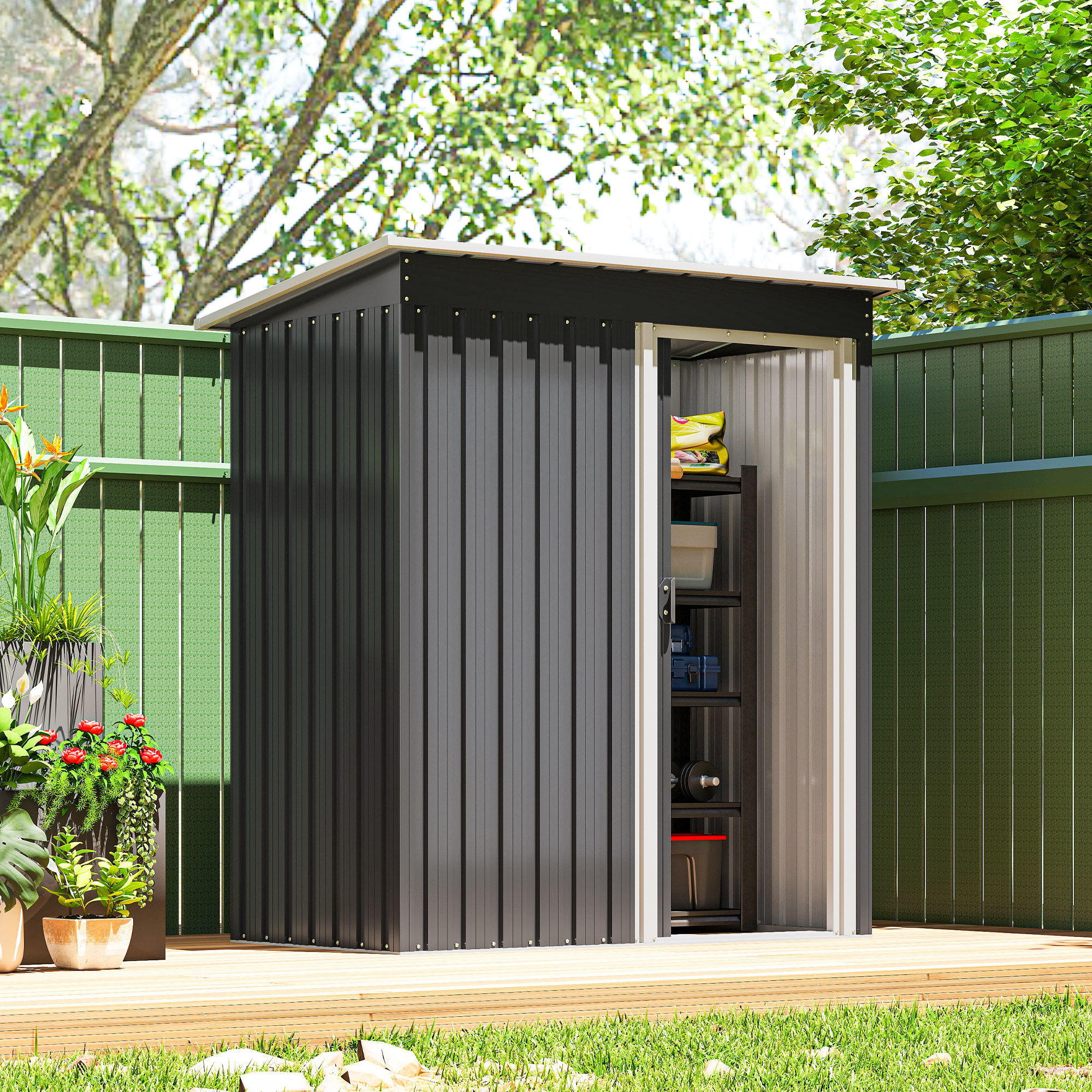 Abri de jardin - remise pour outils - cabanon porte coulissante - dim. 163L x 89l x 182H cm - tôle d'acier noir blanc