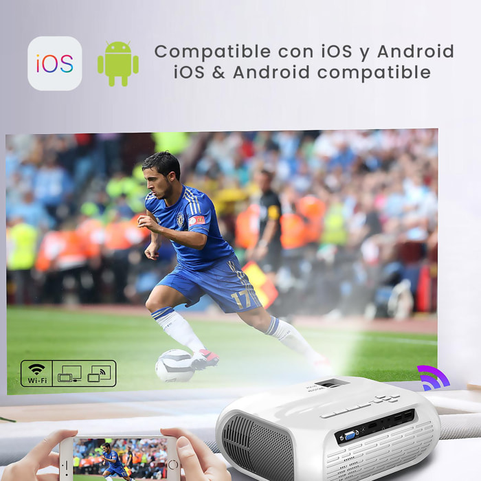 Proiettore LCD Wifi T9, FHD1080, mirroring dello schermo per iOS e Android. Connessione USB, HDMI e AV. Da 40 a 140 pollici, 1800 lm. Con telecomando.