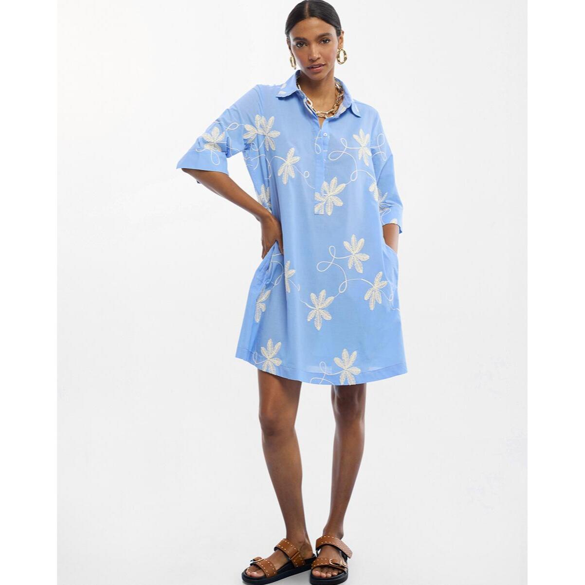 Abito camicia in cotone con ricamo floreale