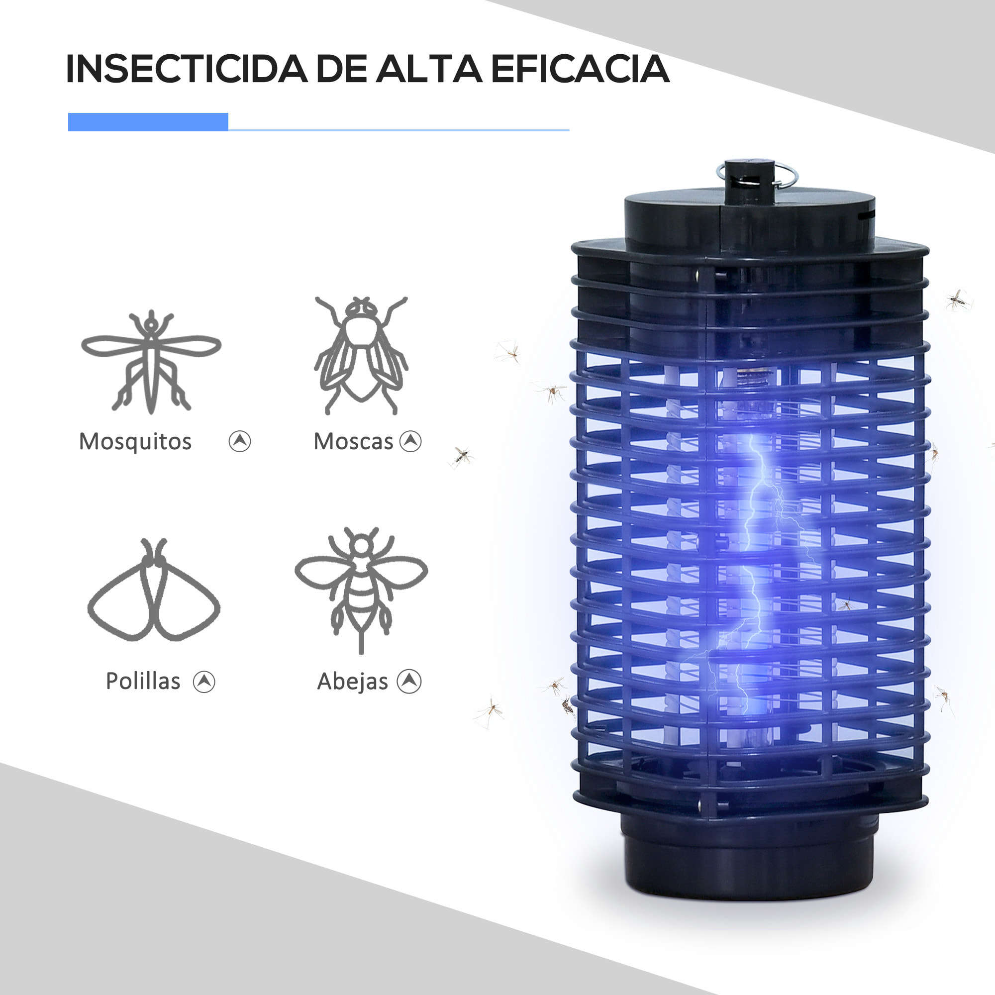 Outsunny Lámpara Antimosquitos Eléctrico 30W Mata Mosquitos Eléctrico Matamoscas Interior UV Efecto 30 m² para Jardín Terraza Patio 11x11x26 cm Negro