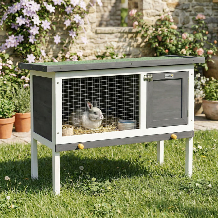 Clapier sur pied cage à lapin avec niche intérieure toit ouvrant porte verrouillable dim. 90L x 45l x 65H cm gris blanc vert