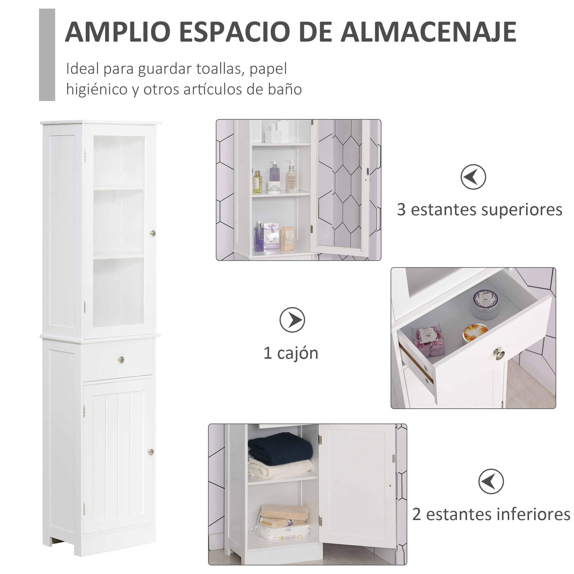 Armario Alto para Baño Mueble Auxiliar de Baño de Estilo Moderno con 2 Puertas Estantes Ajustables y 1 Cajón 40x27x171,5 cm Blanco