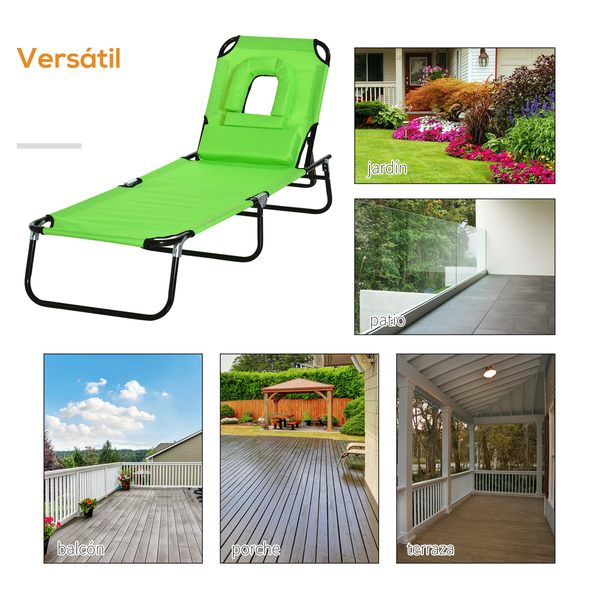 Outsunny Tumbona Plegable con Respaldo Regulable en 4 Posiciones Tumbona de Jardín con Orificio de Lectura Almohada Marco Metálico y Tela Oxford para Playa Terraza Carga 120 kg 190x56x28 cm Verde