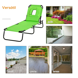 Outsunny Tumbona Plegable con Respaldo Regulable en 4 Posiciones Tumbona de Jardín con Orificio de Lectura Almohada Marco Metálico y Tela Oxford para Playa Terraza Carga 120 kg 190x56x28 cm Verde