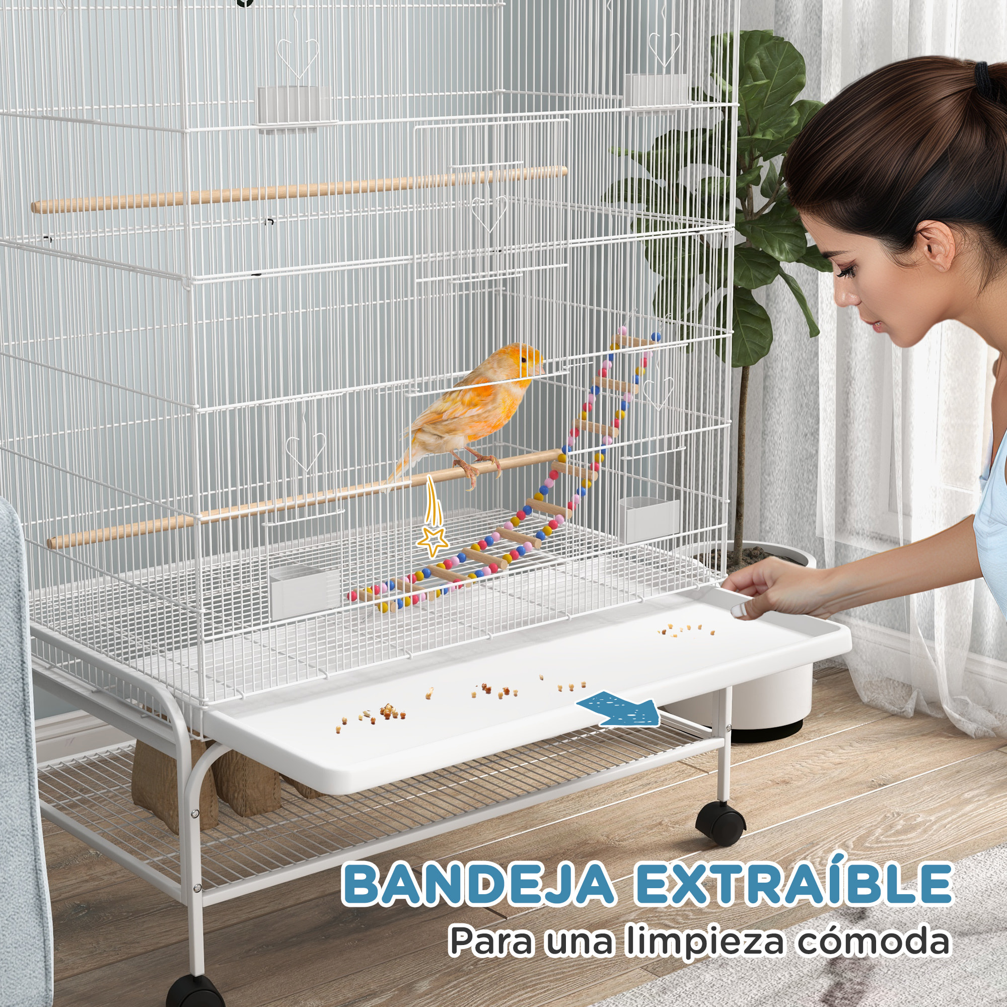 Jaula para Pájaros con Ruedas Jaula Grande con Soporte Pajarera con Bandeja Extraíble Puertas Comederos Perchas Juguetes y Estante Inferior para Canarios Periquitos 79x49x133 cm Blanco