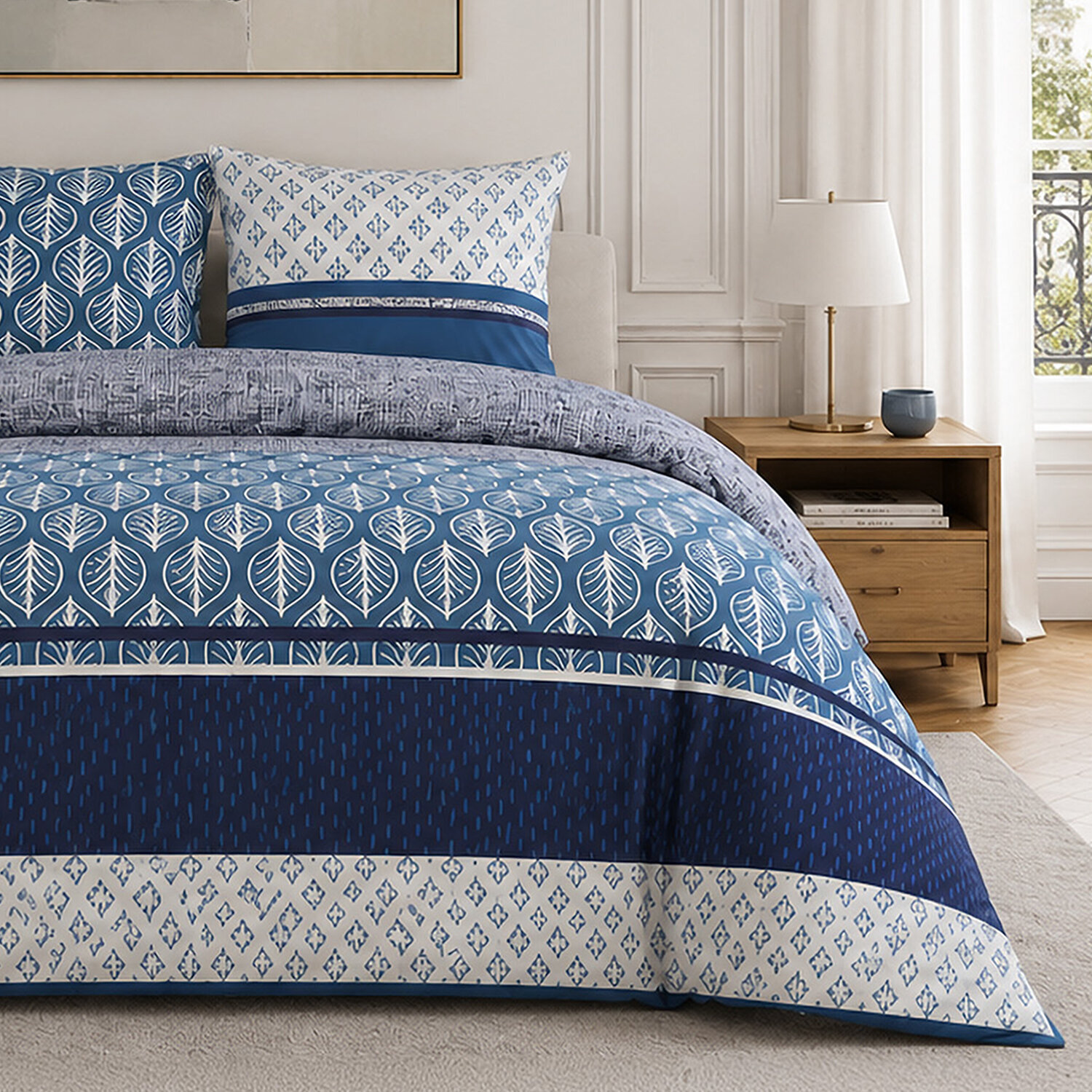 Parure housse de couette 100% percale de coton motif feuilles et graphique - TOMY