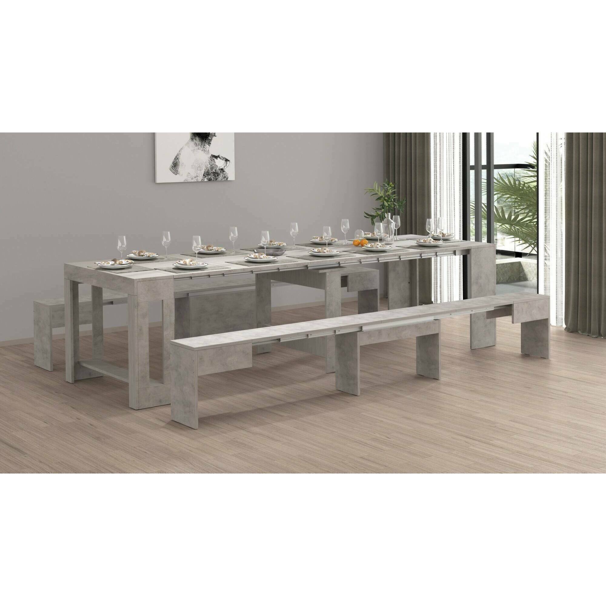 Set tavolo e sedie Dadamoni, Composizione multiuso, Set con consolle e 2 panche allungabili, 100% Made in Italy, 66x25h45 cm, Grigio