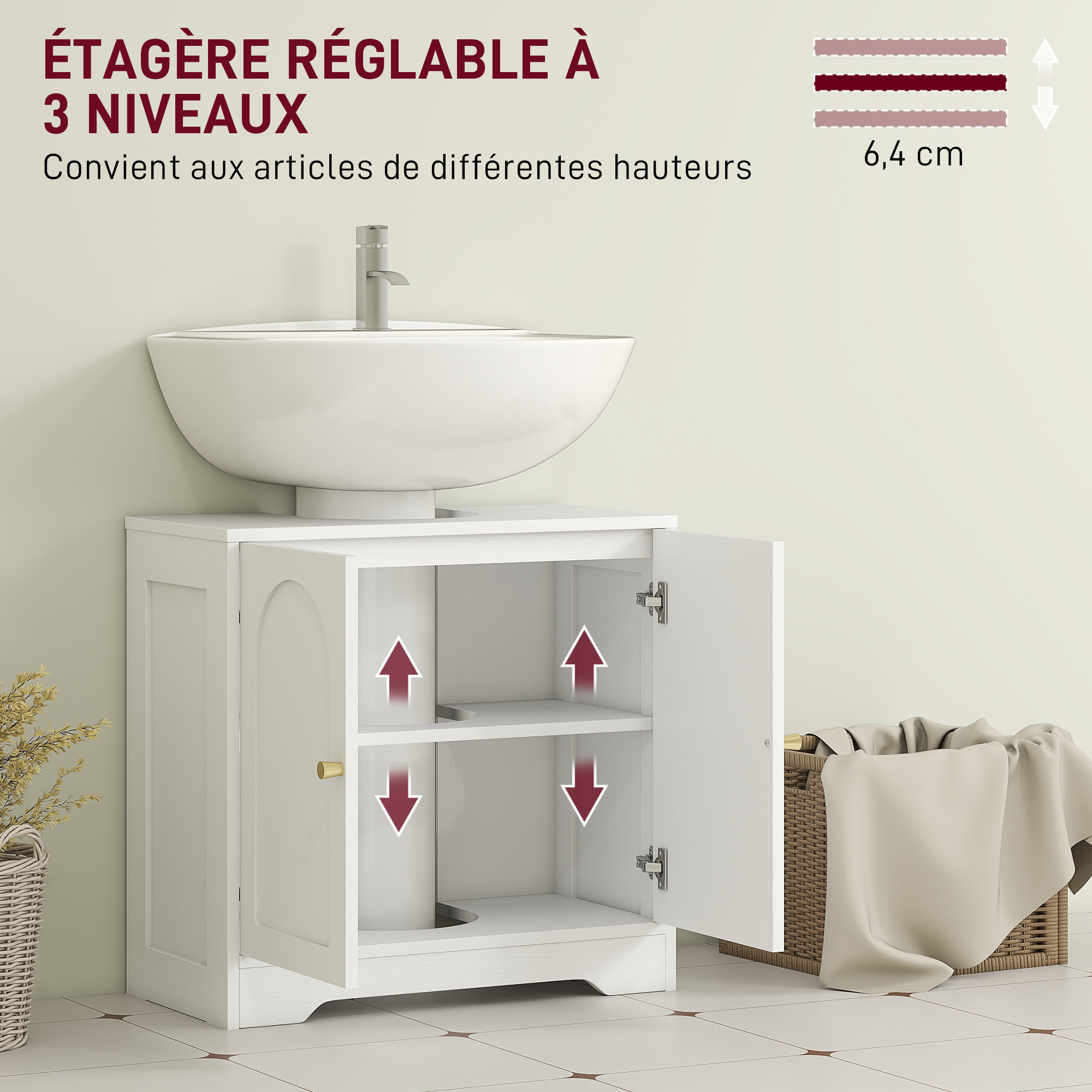 Meuble sous vasque design effet bois blanc poignées métal doré  étagère dim. 60 x 30 x 65 cm