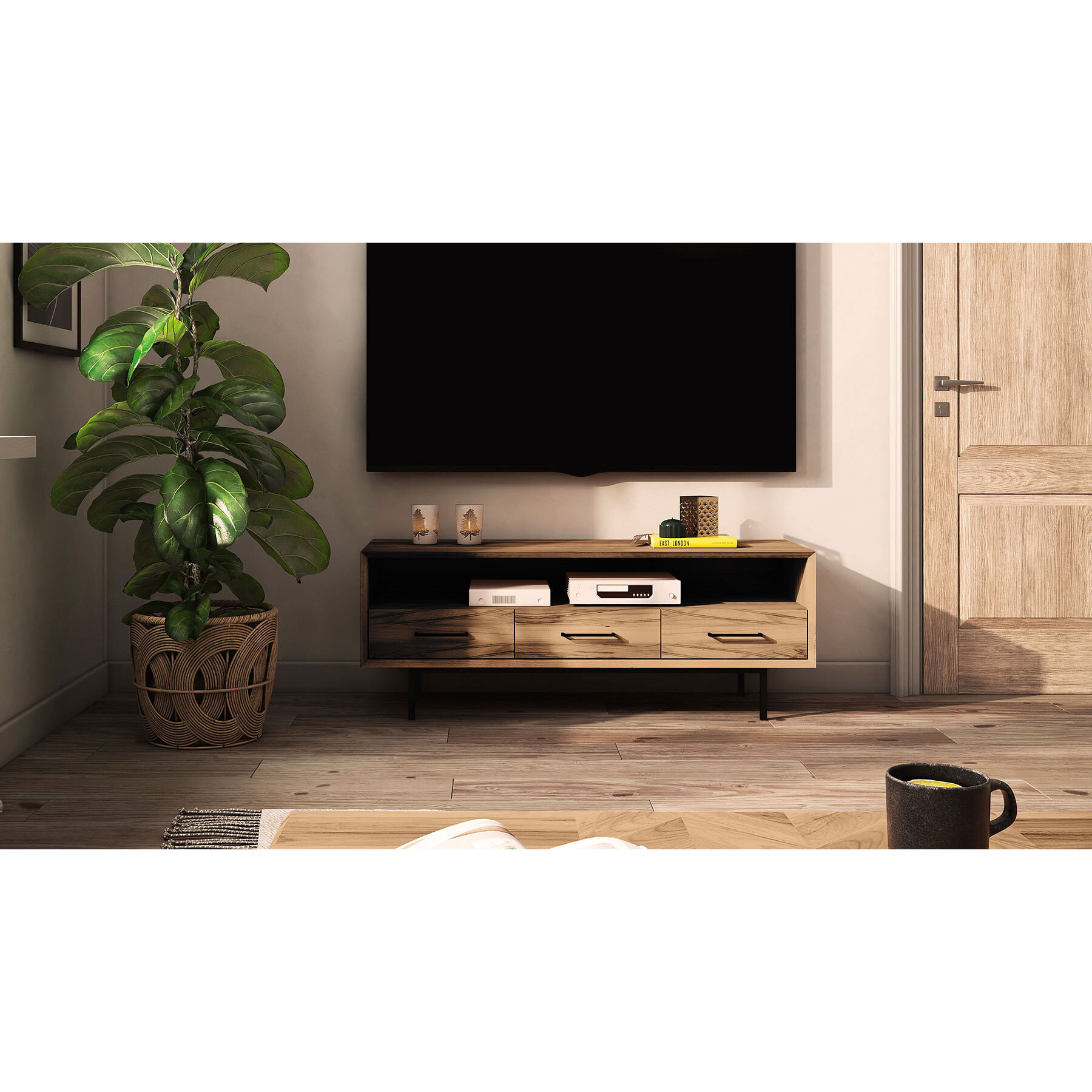 Meuble tv bois hêtre 3 tiroirs paola 144x45cm