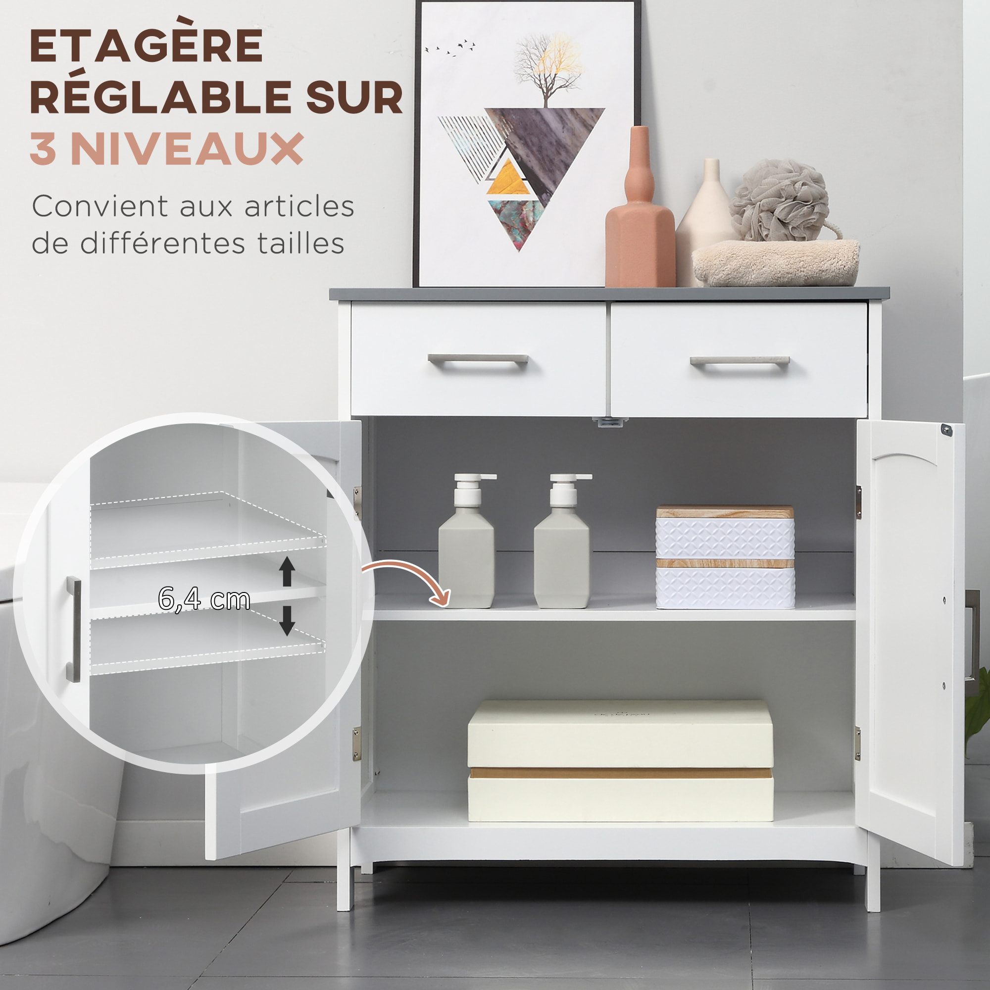 Meuble bas de salle de bain sur pied - 2 tiroirs, 2 portes, étagère - dim. 68 x 33 x 76 cm - blanc gris