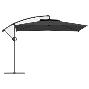Parasol déporté carré 3 x 3 m réglable piètement croix manivelle tissu haute densité 180g/m² UPF50+ gris