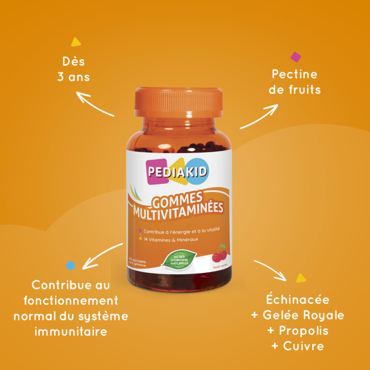 PEDIAKID - Gommes Multivitaminées - Formule Naturelle au Délicieux Arôme de Cerise - Contribue à la Réduction de la Fatigue - Soutient les Défenses Naturelles de l'Organisme - Lot de 2 piluliers