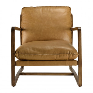 GASTON - Fauteuil incliné vintage cuir marron cognac, structure en bois