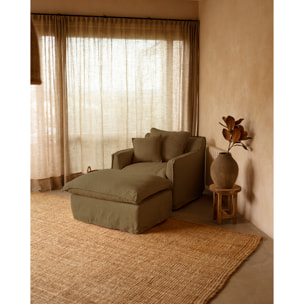 Pouf en coton et lin déhoussable ton vert de 90x72cm Hauteur: 47 Longueur: 90 Largeur: 72