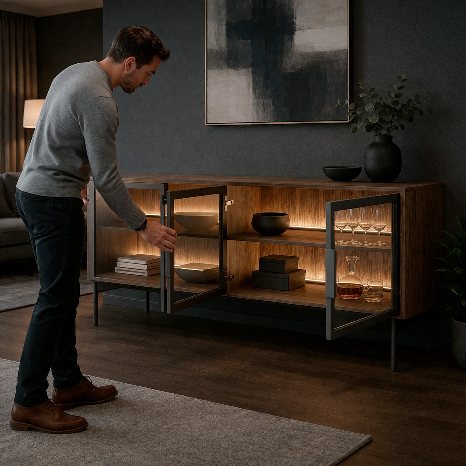 Mobile Porta TV Con 4 Ante In Vetro Temperato E Luce Led Integrata Ampio Spazio Design Elegante Moderno Soggiorno Camera 181.3 x 39.3 x 61.6 cm Rovere scuro